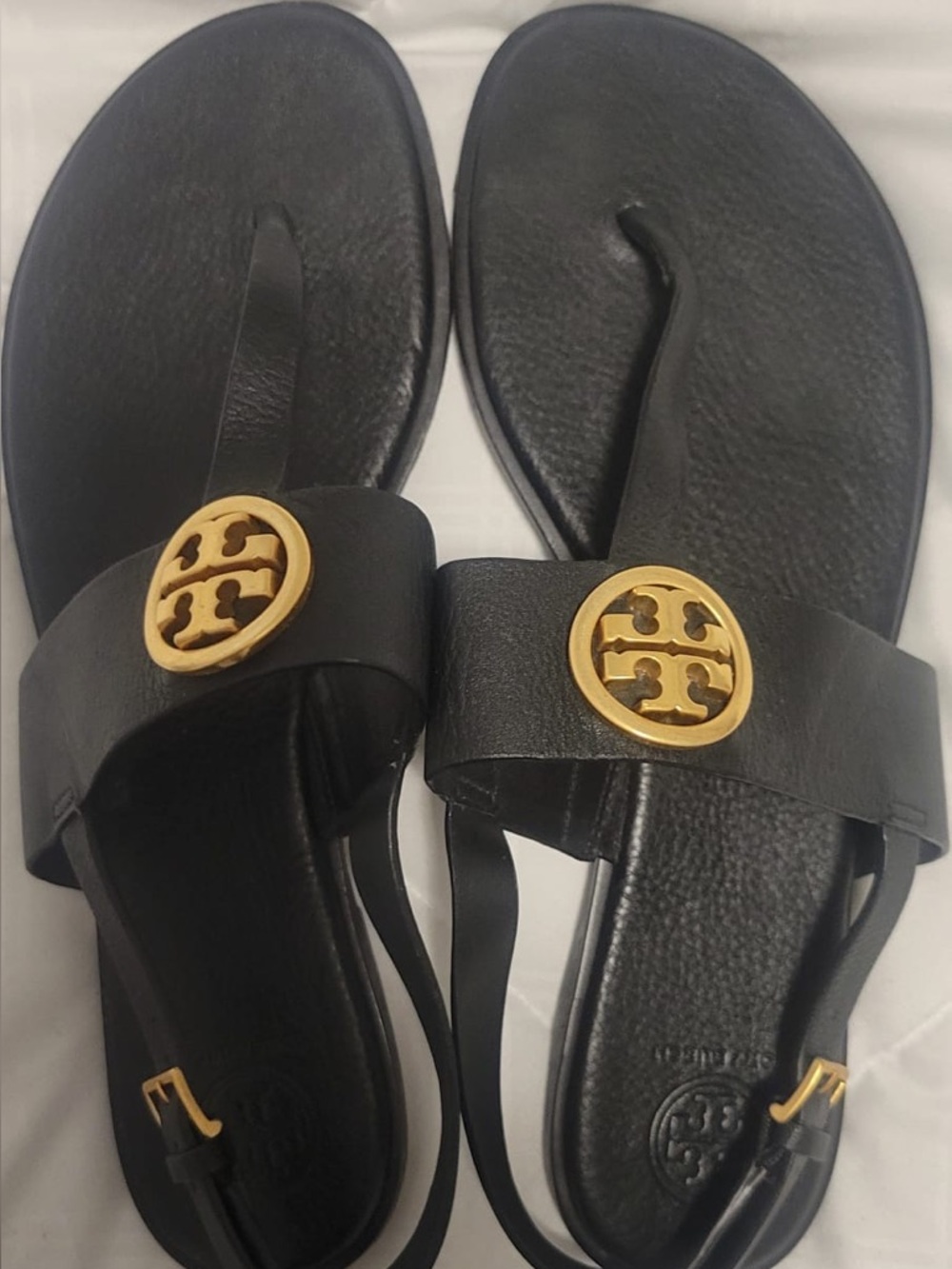 Tory Burch Black Leather Sandals with Gold Logo Medallions